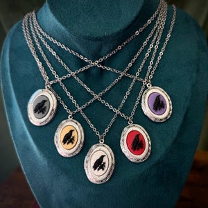 Puede incluir: Una colección de collares plateados con colgantes ovalados. Cada colgante presenta una silueta de cuervo negro sobre un fondo de color: gris, amarillo, blanco, rojo y morado. Los collares se exhiben sobre una superficie de terciopelo turquesa.