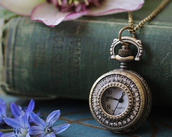 Brass Pocket Watch Necklace with Glass Front - Battery Operated - Choose Four Styles