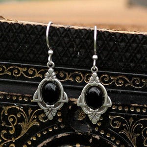 Art Deco Onyx Earrings in Sterling Silver Plate, Vintage Style Gothic Jewelry