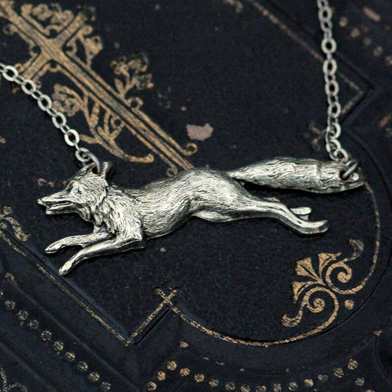 Running Fox Pendant Necklace in Antiqued Brass or Silver Antiqued Silver