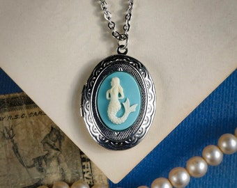 Mermaid Cameo Locket Blue Oval Vintage Style Necklace Choose Silver or Brass