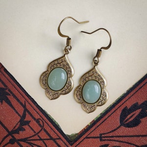 Victorian Garden Antiqued Silver or Brass Earrings with Green Aventurine Stone