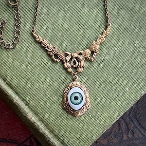 Eye Ball Pendant Necklace in Antique Brass or Silver - Green, Blue or Brown Eye - Vintage Style