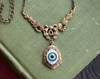 Eye Ball Pendant Necklace in Antique Brass or Silver - Green, Blue or Brown Eye - Vintage Style