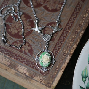 Victorian Rose Bouquet Flower Cameo Necklace Choose a Color Silver Green