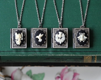 Book Locket Necklace in Antiqued Silver Vintage Style - Choose a Cameo: Bee, Angel, Thistle, or Hummingbird