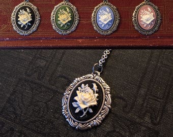 Vintage Style Rose Cameo Pendant Necklace: Antiqued Brass or Sterling Silver Silver, Short or Long