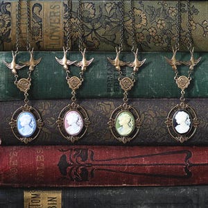 Victorian Cameo Necklace – Woman’s Cameo in Antiqued Brass or Silver, Vintage Bird and Leaf Frame, Custom Chain Length