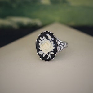 Black and White Rose Cameo Ring in Antiqued Brass or Antiqued Silver