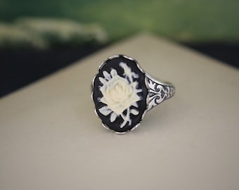 Black and White Rose Cameo Ring in Antiqued Brass or Antiqued Silver