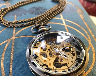 Black Postmodern Mechanical Pocket Watch on Fob or Necklace
