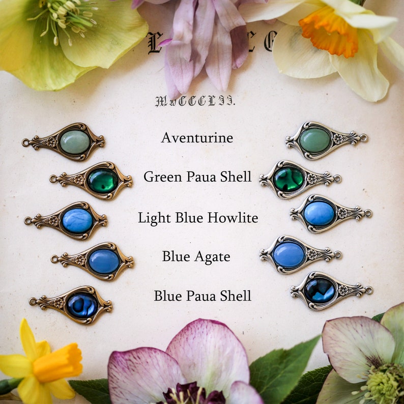Aventurine Earrings and other Semi-Precious Stone on a Vintage Style Victorian Base in Antiqued Silver or Brass Choose a Stone Green Paua Shell