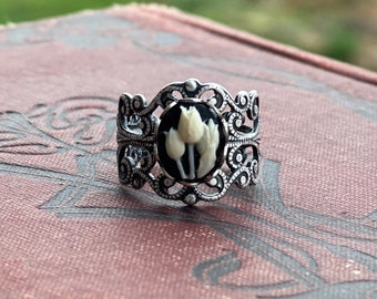 Tulip Cameo Ring in Antique Brass or Sterling Silver Plate
