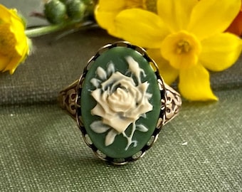 Cameo Ring- Green and White Rose Victorian Cottage Core
