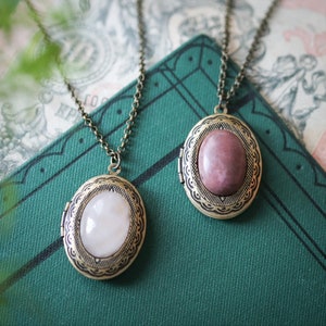 Stone Oval Vintage Style Locket Necklace in Rose Quartz or Rhodonite