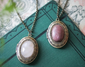 Stone Oval Vintage Style Locket Necklace in Rose Quartz or Rhodonite