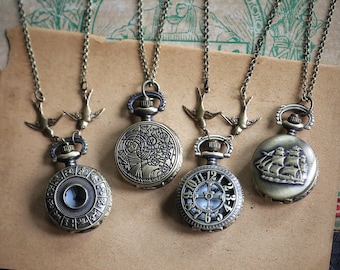 Steampunk Watch Necklace for Women or Men, Zodiac, Galaxy, and Nautical Designs, Optional Birds Holding Clock Timepiece