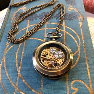 Black Postmodern Mechanical Pocket Watch on Fob or Necklace Antiqued Brass