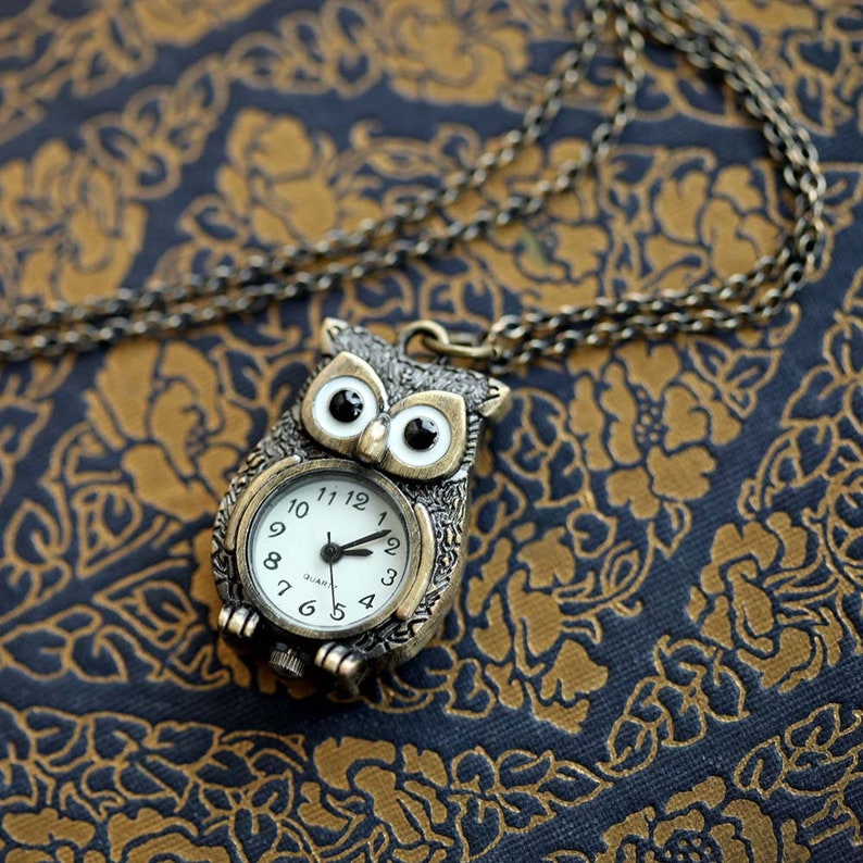 Owl Watch Pendant Necklace vintage style in bronze Etsy