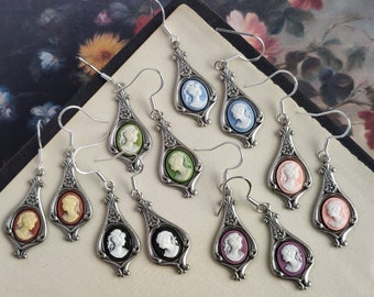 Victorian Lady Cameo Vintage Style Dangle Drop Earrings - Pick Blue, Green, Pink, Black or Purple - Antique Brass or Sterling Silver Plate
