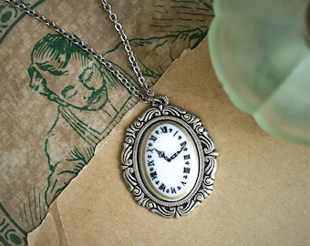 Vintage Clock Face Cabochon Necklace in Antiqued Silver or Brass