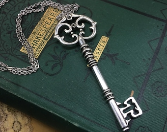 Skeleton Key Necklace in Brass or Silver, Victorian Dark Romance Pendant