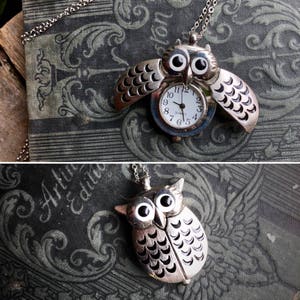 Silver Owl Watch Necklace with Wings Choose Gold, Brass, Gunmetal or Silver Finish image 2