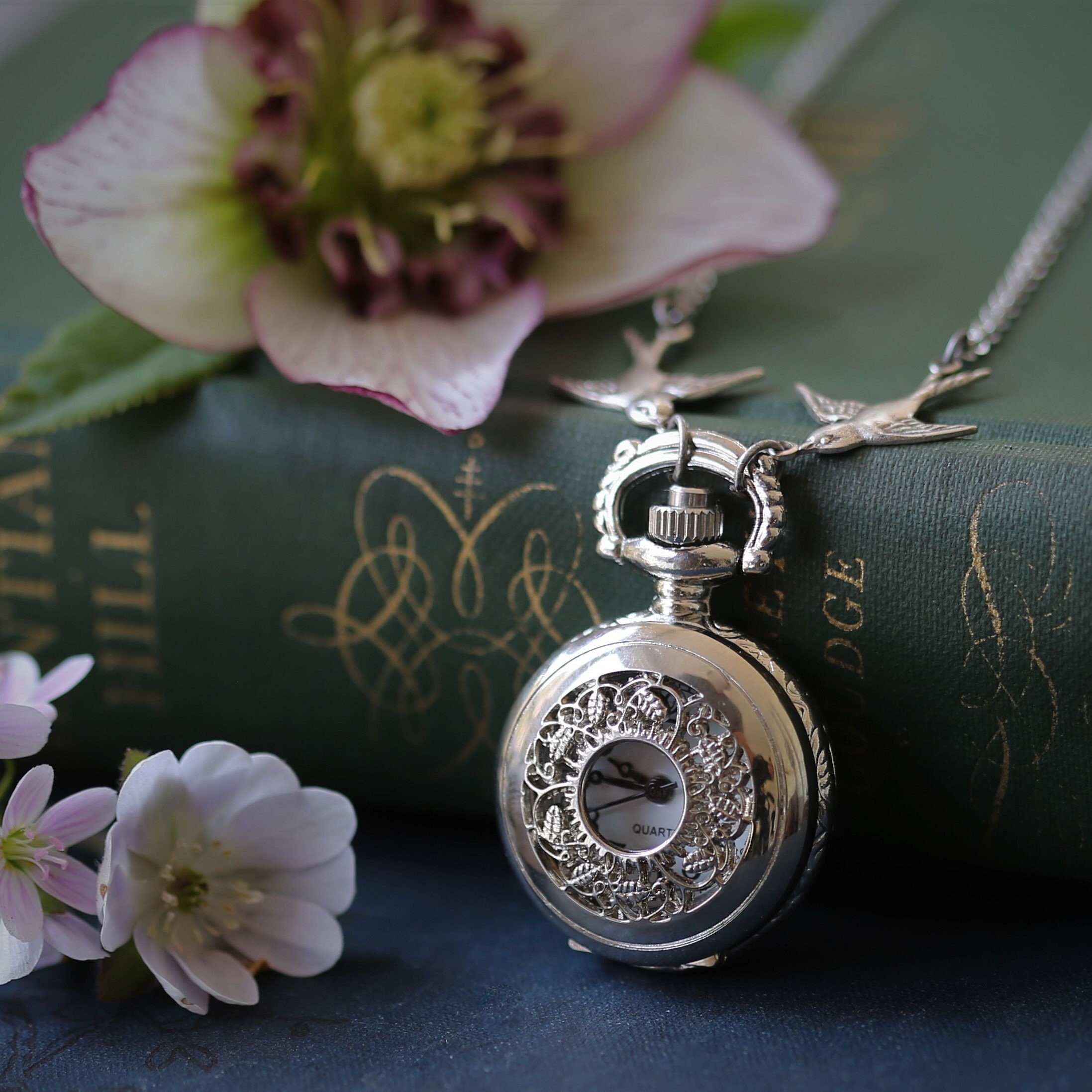 Silver Pocket Watch Necklace with Garden Design Works Perfectly Flower Pocket Watch Necklace Silver Long, Optional Birds - Etsy main image 2
