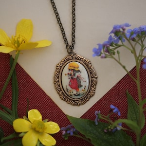 Vintage Holly Hobbie Girl Pendant Necklace in Antiqued Brass or Silver - Choose a Character