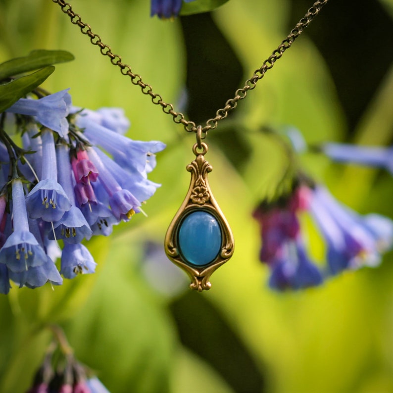 Aventurine Stone Victorian Pendant Necklace Choose from Semi-Precious Stones and Shells in Antiqued Silver or Brass Blue Agate