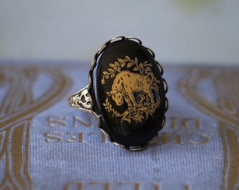 Vintage Zodiac negro y oro gran anillo de cameo - Aries Tauro Géminis Virgo Libra Escorpio Sagitario Acuario