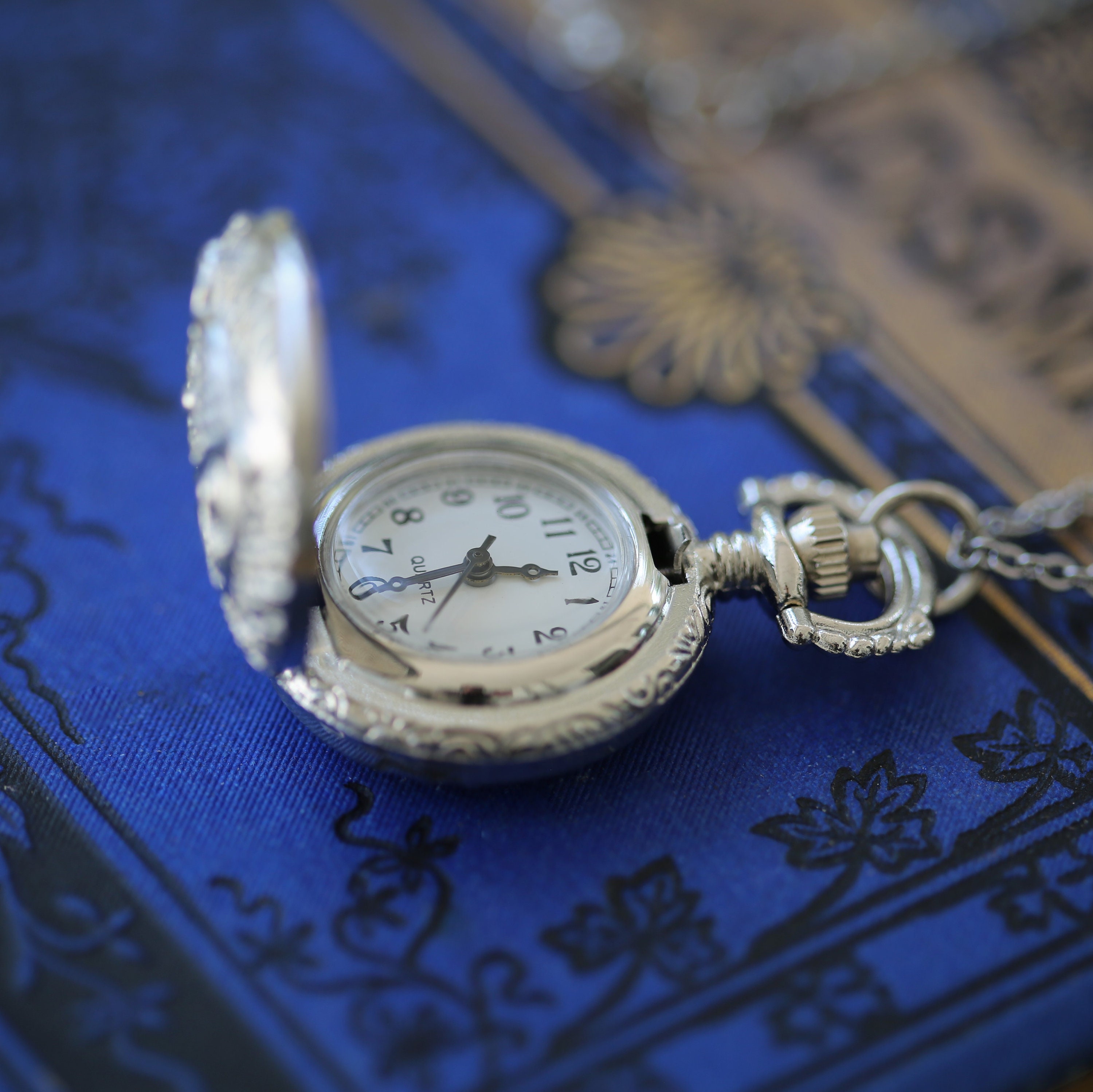 Flower Pocket Watch Necklace Silver Long, Optional Birds - Etsy