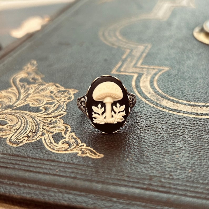 Mushroom Ring in Antique Silver or Brass, Adjustable Cameo Ring Vintage ...