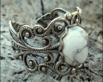 Filigree Ring - White Howlite Stone and Silver