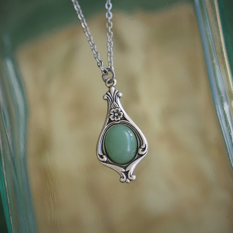 Aventurine Stone Victorian Pendant Necklace - Choose from Semi-Precious Stones and Shells in Antiqued Silver or Brass 