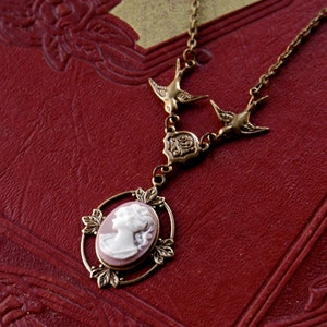 Victorian Lady Cameo Pendant Necklace Brass and Pink Vintage Style Pink