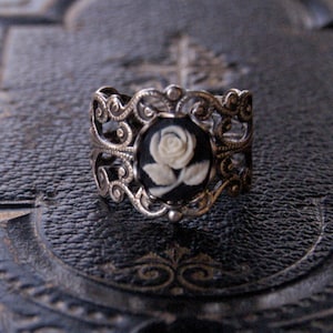 Rose Cameo Ring in Antiqued Silver or Antiqued Brass - Vintage Filigree Adjustable