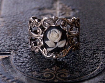 Rose Cameo Ring in Antiqued Silver or Antiqued Brass - Vintage Filigree Adjustable