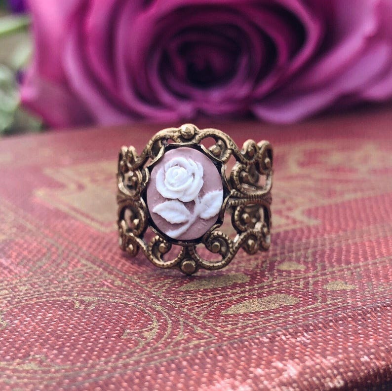 Green Antiqued Silver Vintage Style Filigree Rose Cameo Ring Brass Pink