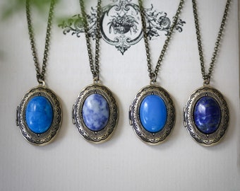 Blue Stone Locket Oval Vintage Style Necklaces in Blue Agate, Howlite, or Sodalite