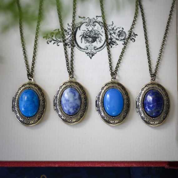 Blue Stone Locket Oval Vintage Style Necklaces in Blue Agate