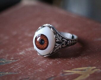 Blue Eye Ring in Antiqued Silver or Brass Vintage Style Adjustable Band