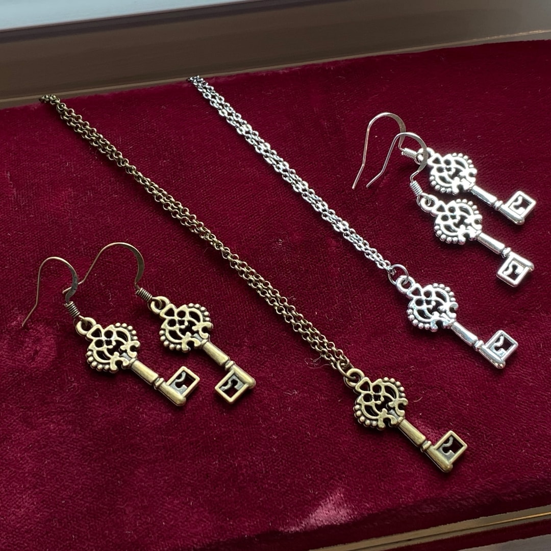 Delicate Key Earrings or Necklace Jewelry Set - Choose Silver or Bronze ...