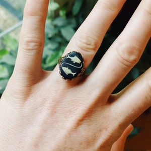 Vintage Pisces Zodiac Cameo Ring | Adjustable Astrology Sign Ring in Antiqued Brass or Silver
