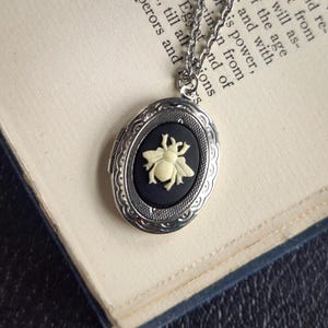 Bee Necklace, Silver Locket Necklace, Cameo Necklace, Vintage Style Memorial Jewelry, Bee Gift for Women, Witchy Gothic Victorian, Bee Cameo