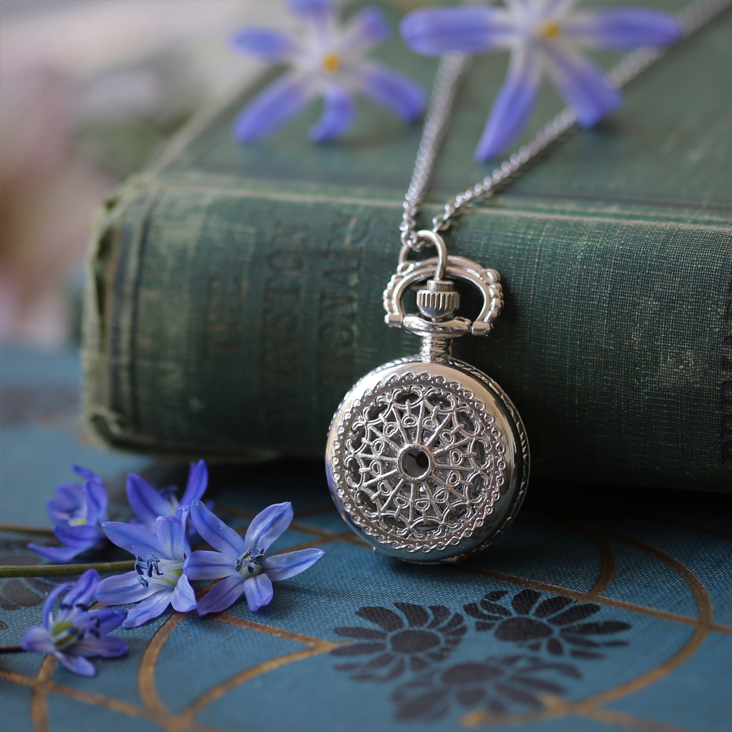 Small Pocket Watch Pendant Necklace in Silver Choose From Three