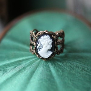 Lady Cameo Ring Vintage Style - Antiqued Brass or Sterling Silver Plated Filigree Ring - Choose Black, Blue, Pink, Purple or Green