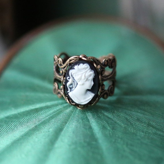 Lady Cameo Ring Vintage Style Antiqued Brass or Sterling Silver Plated Filigree Ring Choose Black Blue Pink Purple or Green Etsy