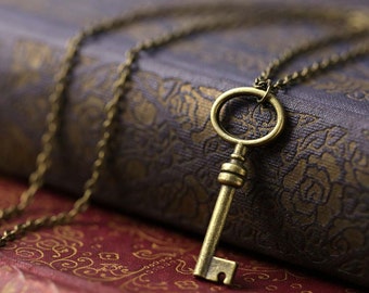 Small Bronze Skeleton Key Pendant Vintage Style Necklace