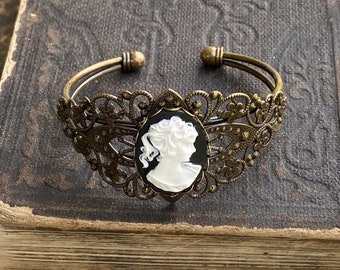 Victorian Lady Cameo Adjustable Cuff Bracelet with Antiqued Brass Retro Style